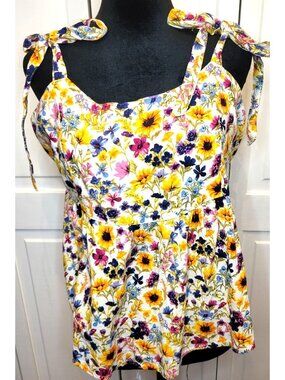 Old Navy White Floral  Sunflower Print Tank Tie Straps Smocking L Boho Cottage